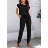 image:imageBTFBM 2 Piece Sets For Women Summer Lounge Set Airport Outfits Tracksuit  SolidMatching Sets Women ClothingSweatsuitShort Sleeve Tops Long Pants Vacation OutfitsBeach vacation Clothes For WomenA Black