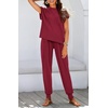 image:imageBTFBM 2 Piece Sets For Women Summer Lounge Set Airport Outfits Tracksuit  SolidMatching Sets Women ClothingSweatsuitShort Sleeve Tops Long Pants Vacation OutfitsBeach vacation Clothes For WomenWine Red