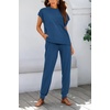 image:imageBTFBM 2 Piece Sets For Women Summer Lounge Set Airport Outfits Tracksuit  SolidMatching Sets Women ClothingSweatsuitShort Sleeve Tops Long Pants Vacation OutfitsBeach vacation Clothes For WomenDark Blue