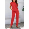 image:imageBTFBM 2 Piece Sets For Women Summer Lounge Set Airport Outfits Tracksuit  SolidMatching Sets Women ClothingSweatsuitShort Sleeve Tops Long Pants Vacation OutfitsBeach vacation Clothes For WomenRed