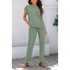 image:imageBTFBM 2 Piece Sets For Women Summer Lounge Set Airport Outfits Tracksuit  SolidMatching Sets Women ClothingSweatsuitShort Sleeve Tops Long Pants Vacation OutfitsBeach vacation Clothes For WomenSage Green