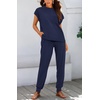 image:imageBTFBM 2 Piece Sets For Women Summer Lounge Set Airport Outfits Tracksuit  SolidMatching Sets Women ClothingSweatsuitShort Sleeve Tops Long Pants Vacation OutfitsBeach vacation Clothes For WomenSolid Navy