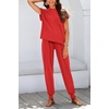 image:imageBTFBM 2 Piece Sets For Women Summer Lounge Set Airport Outfits Tracksuit  SolidMatching Sets Women ClothingSweatsuitShort Sleeve Tops Long Pants Vacation OutfitsBeach vacation Clothes For WomenRed