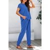 image:imageBTFBM 2 Piece Sets For Women Summer Lounge Set Airport Outfits Tracksuit  SolidMatching Sets Women ClothingSweatsuitShort Sleeve Tops Long Pants Vacation OutfitsBeach vacation Clothes For WomenRoyal Blue