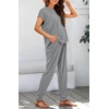 image:imageBTFBM 2 Piece Sets For Women Summer Lounge Set Airport Outfits Tracksuit  SolidMatching Sets Women ClothingSweatsuitShort Sleeve Tops Long Pants Vacation OutfitsBeach vacation Clothes For WomenGrey