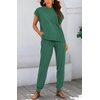 image:imageBTFBM 2 Piece Sets For Women Summer Lounge Set Airport Outfits Tracksuit  SolidMatching Sets Women ClothingSweatsuitShort Sleeve Tops Long Pants Vacation OutfitsBeach vacation Clothes For WomenSolid Dark Green