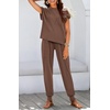 image:imageBTFBM 2 Piece Sets For Women Summer Lounge Set Airport Outfits Tracksuit  SolidMatching Sets Women ClothingSweatsuitShort Sleeve Tops Long Pants Vacation OutfitsBeach vacation Clothes For WomenSolid Coffee