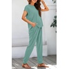 image:imageBTFBM 2 Piece Sets For Women Summer Lounge Set Airport Outfits Tracksuit  SolidMatching Sets Women ClothingSweatsuitShort Sleeve Tops Long Pants Vacation OutfitsBeach vacation Clothes For WomenSolid Fruit Green