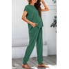 image:imageBTFBM 2 Piece Sets For Women Summer Lounge Set Airport Outfits Tracksuit  SolidMatching Sets Women ClothingSweatsuitShort Sleeve Tops Long Pants Vacation OutfitsBeach vacation Clothes For WomenSolid Dark Green