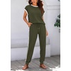 image:imageBTFBM 2 Piece Sets For Women Summer Lounge Set Airport Outfits Tracksuit  SolidMatching Sets Women ClothingSweatsuitShort Sleeve Tops Long Pants Vacation OutfitsBeach vacation Clothes For WomenA Army Green
