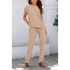 image:imageBTFBM 2 Piece Sets For Women Summer Lounge Set Airport Outfits Tracksuit  SolidMatching Sets Women ClothingSweatsuitShort Sleeve Tops Long Pants Vacation OutfitsBeach vacation Clothes For WomenKhaki