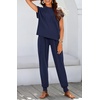 image:imageBTFBM 2 Piece Sets For Women Summer Lounge Set Airport Outfits Tracksuit  SolidMatching Sets Women ClothingSweatsuitShort Sleeve Tops Long Pants Vacation OutfitsBeach vacation Clothes For WomenSolid Navy