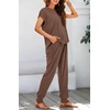 image:imageBTFBM 2 Piece Sets For Women Summer Lounge Set Airport Outfits Tracksuit  SolidMatching Sets Women ClothingSweatsuitShort Sleeve Tops Long Pants Vacation OutfitsBeach vacation Clothes For WomenSolid Coffee