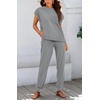 image:imageBTFBM 2 Piece Sets For Women Summer Lounge Set Airport Outfits Tracksuit  SolidMatching Sets Women ClothingSweatsuitShort Sleeve Tops Long Pants Vacation OutfitsBeach vacation Clothes For WomenGrey