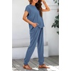 image:imageBTFBM 2 Piece Sets For Women Summer Lounge Set Airport Outfits Tracksuit  SolidMatching Sets Women ClothingSweatsuitShort Sleeve Tops Long Pants Vacation OutfitsBeach vacation Clothes For WomenGrey Blue