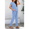 image:imageBTFBM 2 Piece Sets For Women Summer Lounge Set Airport Outfits Tracksuit  SolidMatching Sets Women ClothingSweatsuitShort Sleeve Tops Long Pants Vacation OutfitsBeach vacation Clothes For WomenLight Blue