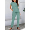 image:imageBTFBM 2 Piece Sets For Women Summer Lounge Set Airport Outfits Tracksuit  SolidMatching Sets Women ClothingSweatsuitShort Sleeve Tops Long Pants Vacation OutfitsBeach vacation Clothes For WomenSolid Fruit Green
