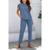 image:imageBTFBM 2 Piece Sets For Women Summer Lounge Set Airport Outfits Tracksuit  SolidMatching Sets Women ClothingSweatsuitShort Sleeve Tops Long Pants Vacation OutfitsBeach vacation Clothes For WomenGrey Blue