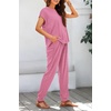 image:imageBTFBM 2 Piece Sets For Women Summer Lounge Set Airport Outfits Tracksuit  SolidMatching Sets Women ClothingSweatsuitShort Sleeve Tops Long Pants Vacation OutfitsBeach vacation Clothes For WomenDark Pink