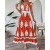 image:imageBTFBM Summer Dresses for Women Beach Fashion Floral Short Sleeve V Neck Boho Long Wedding Guest Maxi Dress SpringFloral Brick Red White