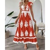 image:imageBTFBM Summer Dresses for Women Beach Fashion Floral Short Sleeve V Neck Boho Long Wedding Guest Maxi Dress SpringFloral Brick Red White