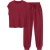 image:imageBTFBM 2 Piece Sets For Women Summer Lounge Set Airport Outfits Tracksuit  SolidMatching Sets Women ClothingSweatsuitShort Sleeve Tops Long Pants Vacation OutfitsBeach vacation Clothes For WomenWine Red