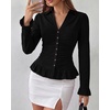 image:imageBTFBM Fitted Button Down Shirts for Women Dressy Casual Tops  Collar V Neck Long Sleeve Ruched Tops Stretchy Ruffle Blouses Fall Fashion Clothing 2026 Work Date Night Going Out OutfitsBlack