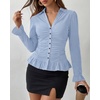 image:imageBTFBM Fitted Button Down Shirts for Women Dressy Casual Tops  Collar V Neck Long Sleeve Ruched Tops Stretchy Ruffle Blouses Fall Fashion Clothing 2026 Work Date Night Going Out OutfitsSky Blue