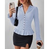 image:imageBTFBM Fitted Button Down Shirts for Women Dressy Casual Tops  Collar V Neck Long Sleeve Ruched Tops Stretchy Ruffle Blouses Fall Fashion Clothing 2026 Work Date Night Going Out OutfitsSky Blue