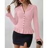 image:imageBTFBM Fitted Button Down Shirts for Women Dressy Casual Tops  Collar V Neck Long Sleeve Ruched Tops Stretchy Ruffle Blouses Fall Fashion Clothing 2026 Work Date Night Going Out OutfitsPink