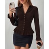 image:imageBTFBM Fitted Button Down Shirts for Women Dressy Casual Tops  Collar V Neck Long Sleeve Ruched Tops Stretchy Ruffle Blouses Fall Fashion Clothing 2026 Work Date Night Going Out OutfitsCoffee