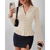image:imageBTFBM Fitted Button Down Shirts for Women Dressy Casual Tops  Collar V Neck Long Sleeve Ruched Tops Stretchy Ruffle Blouses Fall Fashion Clothing 2026 Work Date Night Going Out OutfitsApricot