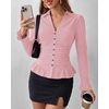 image:imageBTFBM Fitted Button Down Shirts for Women Dressy Casual Tops  Collar V Neck Long Sleeve Ruched Tops Stretchy Ruffle Blouses Fall Fashion Clothing 2026 Work Date Night Going Out OutfitsPink