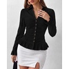 image:imageBTFBM Fitted Button Down Shirts for Women Dressy Casual Tops  Collar V Neck Long Sleeve Ruched Tops Stretchy Ruffle Blouses Fall Fashion Clothing 2026 Work Date Night Going Out OutfitsBlack