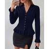 image:imageBTFBM Fitted Button Down Shirts for Women Dressy Casual Tops  Collar V Neck Long Sleeve Ruched Tops Stretchy Ruffle Blouses Fall Fashion Clothing 2026 Work Date Night Going Out OutfitsNavy Blue