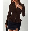 image:imageBTFBM Fitted Button Down Shirts for Women Dressy Casual Tops  Collar V Neck Long Sleeve Ruched Tops Stretchy Ruffle Blouses Fall Fashion Clothing 2026 Work Date Night Going Out OutfitsCoffee