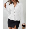 image:imageBTFBM Fitted Button Down Shirts for Women Dressy Casual Tops  Collar V Neck Long Sleeve Ruched Tops Stretchy Ruffle Blouses Fall Fashion Clothing 2026 Work Date Night Going Out OutfitsWhite