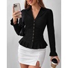 image:imageBTFBM Fitted Button Down Shirts for Women Dressy Casual Tops  Collar V Neck Long Sleeve Ruched Tops Stretchy Ruffle Blouses Fall Fashion Clothing 2026 Work Date Night Going Out OutfitsBlack