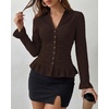 image:imageBTFBM Fitted Button Down Shirts for Women Dressy Casual Tops  Collar V Neck Long Sleeve Ruched Tops Stretchy Ruffle Blouses Fall Fashion Clothing 2026 Work Date Night Going Out OutfitsCoffee