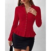 image:imageBTFBM Fitted Button Down Shirts for Women Dressy Casual Tops  Collar V Neck Long Sleeve Ruched Tops Stretchy Ruffle Blouses Fall Fashion Clothing 2026 Work Date Night Going Out OutfitsRed