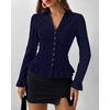 image:imageBTFBM Fitted Button Down Shirts for Women Dressy Casual Tops  Collar V Neck Long Sleeve Ruched Tops Stretchy Ruffle Blouses Fall Fashion Clothing 2026 Work Date Night Going Out OutfitsNavy Blue