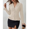 image:imageBTFBM Fitted Button Down Shirts for Women Dressy Casual Tops  Collar V Neck Long Sleeve Ruched Tops Stretchy Ruffle Blouses Fall Fashion Clothing 2026 Work Date Night Going Out OutfitsApricot