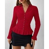 image:imageBTFBM Fitted Button Down Shirts for Women Dressy Casual Tops  Collar V Neck Long Sleeve Ruched Tops Stretchy Ruffle Blouses Fall Fashion Clothing 2026 Work Date Night Going Out OutfitsRed