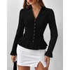 image:imageBTFBM Fitted Button Down Shirts for Women Dressy Casual Tops  Collar V Neck Long Sleeve Ruched Tops Stretchy Ruffle Blouses Fall Fashion Clothing 2026 Work Date Night Going Out OutfitsBlack