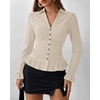 image:imageBTFBM Fitted Button Down Shirts for Women Dressy Casual Tops  Collar V Neck Long Sleeve Ruched Tops Stretchy Ruffle Blouses Fall Fashion Clothing 2026 Work Date Night Going Out OutfitsApricot