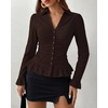 image:imageBTFBM Fitted Button Down Shirts for Women Dressy Casual Tops  Collar V Neck Long Sleeve Ruched Tops Stretchy Ruffle Blouses Fall Fashion Clothing 2026 Work Date Night Going Out OutfitsCoffee