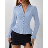 image:imageBTFBM Fitted Button Down Shirts for Women Dressy Casual Tops  Collar V Neck Long Sleeve Ruched Tops Stretchy Ruffle Blouses Fall Fashion Clothing 2026 Work Date Night Going Out OutfitsSky Blue