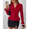 image:imageBTFBM Fitted Button Down Shirts for Women Dressy Casual Tops  Collar V Neck Long Sleeve Ruched Tops Stretchy Ruffle Blouses Fall Fashion Clothing 2026 Work Date Night Going Out OutfitsRed