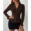 image:imageBTFBM Fitted Button Down Shirts for Women Dressy Casual Tops  Collar V Neck Long Sleeve Ruched Tops Stretchy Ruffle Blouses Fall Fashion Clothing 2026 Work Date Night Going Out OutfitsCoffee