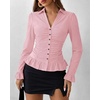 image:imageBTFBM Fitted Button Down Shirts for Women Dressy Casual Tops  Collar V Neck Long Sleeve Ruched Tops Stretchy Ruffle Blouses Fall Fashion Clothing 2026 Work Date Night Going Out OutfitsPink